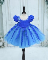 Pleated Satin Puff-Sleeve Fit-and-Flare Floral Knee-Leingth Frock - Cobalt Blue and Saphire Blue (New)