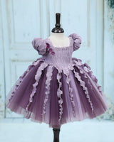 Pleated Satin Puff-Sleeve Fit-and-Flare Floral Knee-Leingth Frock - Sea Fog and Light Antique Violet (New)