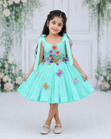 Net cotta Sleeveless Floral Embroidered Knee-Length Frock with Bow Tie on Shoulder - Pale Aqua Blue (New)