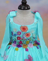 Net cotta Sleeveless Floral Embroidered Knee-Length Frock with Bow Tie on Shoulder - Pale Aqua Blue (New)