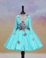 Net cotta Sleeveless Floral Embroidered Knee-Length Frock with Bow Tie on Shoulder - Pale Aqua Blue (New)