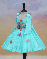 Net cotta Sleeveless Floral Embroidered Knee-Length Frock with Bow Tie on Shoulder - Pale Aqua Blue (New)