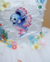 Net Sleeveless Nature Fantasy-Themed Aquamarine Knee-Length Gown - Sea Star & Milky White (New)