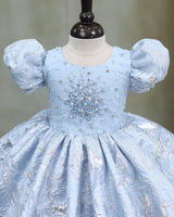Dusty Blue Organza Beaded Sequin Puff-Sleeve Knee-Length Gown for Girls