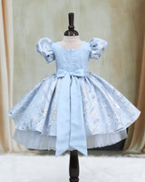 Dusty Blue Organza Beaded Sequin Puff-Sleeve Knee-Length Gown for Girls