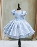 Dusty Blue Organza Beaded Sequin Puff-Sleeve Knee-Length Gown for Girls