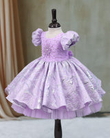 Turkish Organza Puff Sleeve Beaded & Sequined Yoke Knee-Length Gown - Lavender (New)