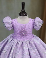 Turkish Organza Puff Sleeve Beaded & Sequined Yoke Knee-Length Gown - Lavender (New)