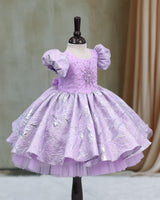 Turkish Organza Puff Sleeve Beaded & Sequined Yoke Knee-Length Gown - Lavender (New)