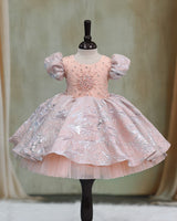 Turkish Organza Puff Sleeve Beaded & Sequined Yoke Knee-Length Gown - Coral Peach (New)