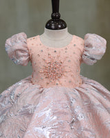 Turkish Organza Puff Sleeve Beaded & Sequined Yoke Knee-Length Gown - Coral Peach (New)