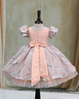 Turkish Organza Puff Sleeve Beaded & Sequined Yoke Knee-Length Gown - Coral Peach (New)