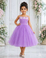 Dusty Lavender Net Satin Floral Strap-Sleeve Knee-Length Gown for Girls