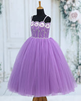 Dusty Lavender Net Satin Floral Strap-Sleeve Knee-Length Gown for Girls