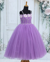 Dusty Lavender Net Satin Floral Strap-Sleeve Knee-Length Gown for Girls
