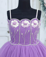 Dusty Lavender Net Satin Floral Strap-Sleeve Knee-Length Gown for Girls