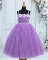 Dusty Lavender Net Satin Floral Strap-Sleeve Knee-Length Gown for Girls