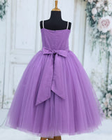 Dusty Lavender Net Satin Floral Strap-Sleeve Knee-Length Gown for Girls