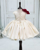 Polyester Satin Sleeveless 3D Petal Floral Calf-Length Gown - Light Gold and Red (New)