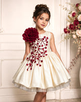 Polyester Satin Sleeveless 3D Petal Floral Calf-Length Gown - Light Gold and Red (New)