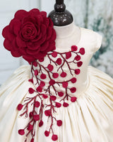 Polyester Satin Sleeveless 3D Petal Floral Calf-Length Gown - Light Gold and Red (New)