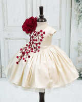 Polyester Satin Sleeveless 3D Petal Floral Calf-Length Gown - Light Gold and Red (New)