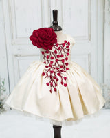 Polyester Satin Sleeveless 3D Petal Floral Calf-Length Gown - Light Gold and Red (New)