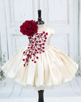 Polyester Satin Sleeveless 3D Petal Floral Calf-Length Gown - Light Gold and Red (New)