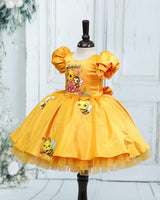 Deep Mango Yellow Cotton Satin Honey Bee-Print Puff-Sleeve Calf-Length Frock for Girls (New)