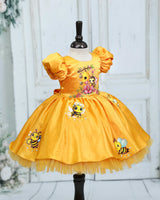 Deep Mango Yellow Cotton Satin Honey Bee-Print Puff-Sleeve Calf-Length Frock for Girls (New)