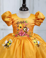 Deep Mango Yellow Cotton Satin Honey Bee-Print Puff-Sleeve Calf-Length Frock for Girls (New)