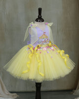 Lavender and Yellow Net Satin Carnival-Themed Fit & Flare Knee-Length Frock for Baby Girl (New)