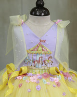 Lavender and Yellow Net Satin Carnival-Themed Fit & Flare Knee-Length Frock for Baby Girl (New)