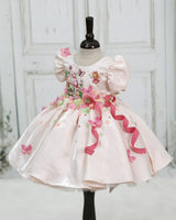 Light Gold Crystal Satin Puff Sleeve Mushroom house Fit & Flare Calf-Length Frock for Girls (New)