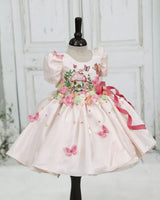 Light Gold Crystal Satin Puff Sleeve Mushroom house Fit & Flare Calf-Length Frock for Girls (New)