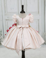 Light Gold Crystal Satin Puff Sleeve Mushroom house Fit & Flare Calf-Length Frock for Girls (New)