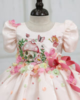 Light Gold Crystal Satin Puff Sleeve Mushroom house Fit & Flare Calf-Length Frock for Girls (New)
