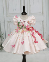 Light Gold Crystal Satin Puff Sleeve Mushroom house Fit & Flare Calf-Length Frock for Girls (New)
