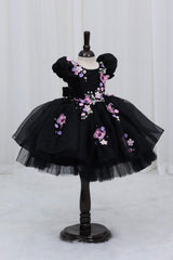 Organza Puff Sleevel Butterfly & Floral Fit & Flare Knee-Length Frock for Baby Girl in Black(New)