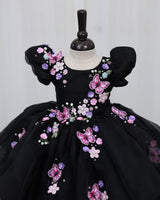 Organza Puff Sleevel Butterfly & Floral Fit & Flare Knee-Length Frock for Baby Girl in Black(New)