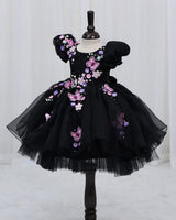 Organza Puff Sleevel Butterfly & Floral Fit & Flare Knee-Length Frock for Baby Girl in Black(New)