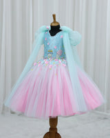 Baby Pink and Baby Blue Net Satin Candy-Themed Fit & Flare Knee-Length Frock for Baby Girl (New)