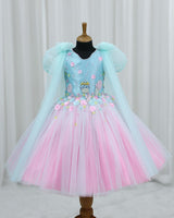 Baby Pink and Baby Blue Net Satin Candy-Themed Fit & Flare Knee-Length Frock for Baby Girl (New)