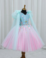 Baby Pink and Baby Blue Net Satin Candy-Themed Fit & Flare Knee-Length Frock for Baby Girl (New)