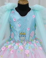 Baby Pink and Baby Blue Net Satin Candy-Themed Fit & Flare Knee-Length Frock for Baby Girl (New)