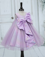 Galaxy Bonding Sleeveless Pearl-Detailed Bow Fit and Flare Knee Length Gown for Baby Girls in Dusty Lavender (New)
