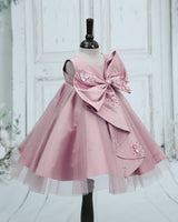 Wedding Satin Sleeveless Pearl-Detailed Bow Fit and Flare Knee Length Gown for Baby Girls in Dusty Rose (New)