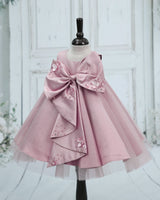 Wedding Satin Sleeveless Pearl-Detailed Bow Fit and Flare Knee Length Gown for Baby Girls in Dusty Rose (New)