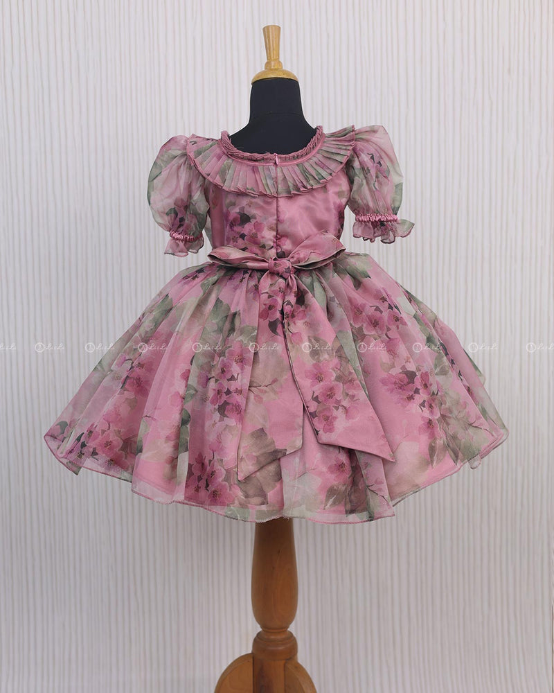 Onion pink organza floral printed pleat detailed party wear frock