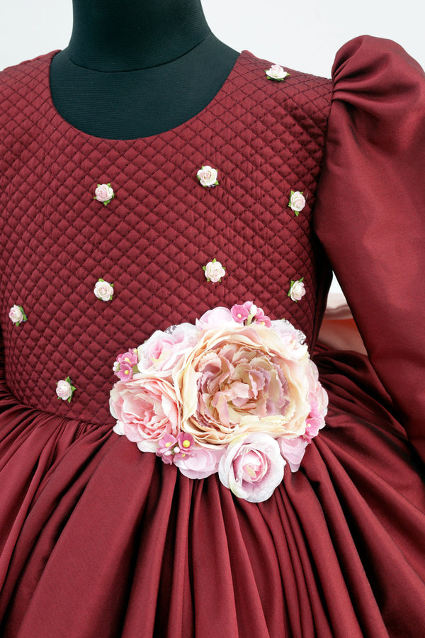 Maroon frock with Peach Floral Details and An Oversized Peach Long Bow